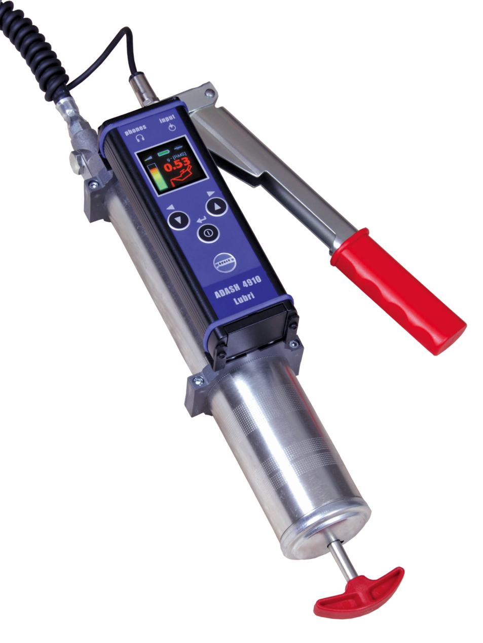 Grease gun including vibration measurement for the correct amount of grease and data collection